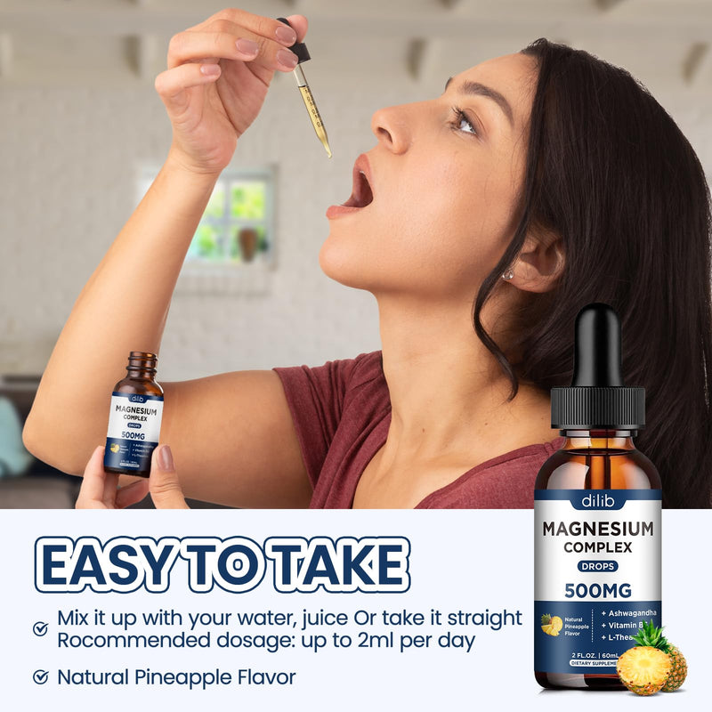 Magnesium Glycinate Liquid Drops 500mg - Triple Magnesium Complex Supplement with Citrate, Malate, Ashwagandha, L-Theanine, Vitamin B6 for Sleep, Stress Relief, Muscle, Pineapple Flavor 4 Fl Oz 2 Fl Oz (Pack of 2)