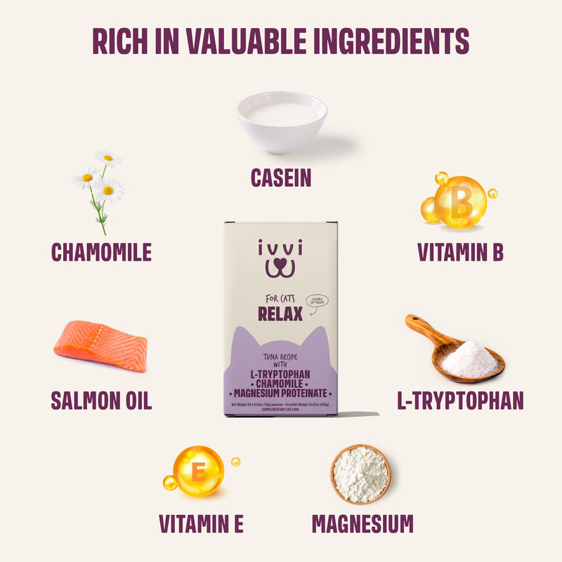 ivvi Relax for Cats – Calming Cream with Tryptophan, Casein, Magnesium & B Vitamins – Natural Stress Support – 30 x 0.53 oz Sachets – with Real Tuna