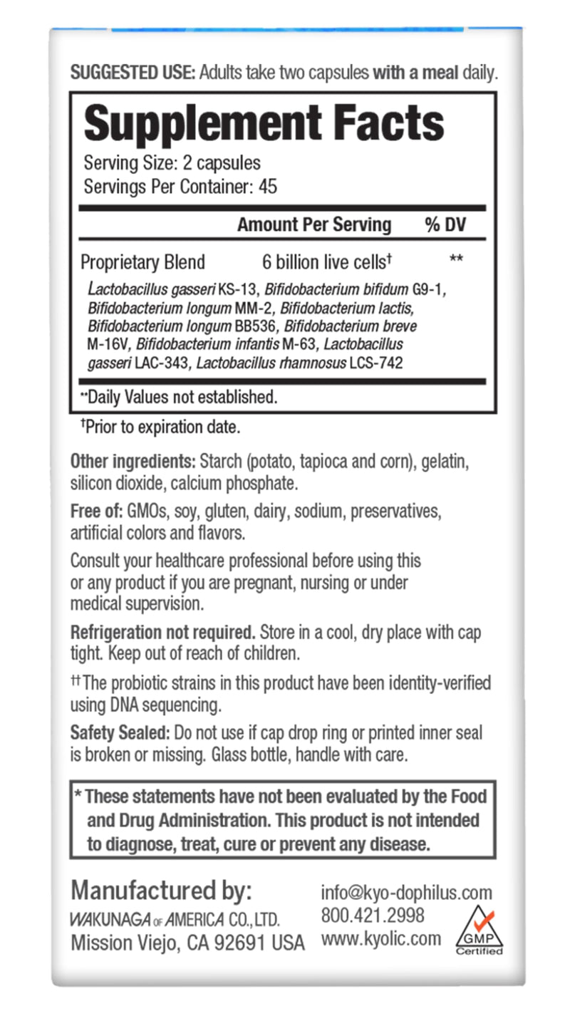 Kyolic Kyo-Dophilus Multi 9 Probiotic, 90 Capsules | Gluten-Free 6 Billion CFU Multi-Strain Blend of Nine Probiotic Strains for Healthy Gut Flora and Microbiome Support 90 Count (Pack of 1)