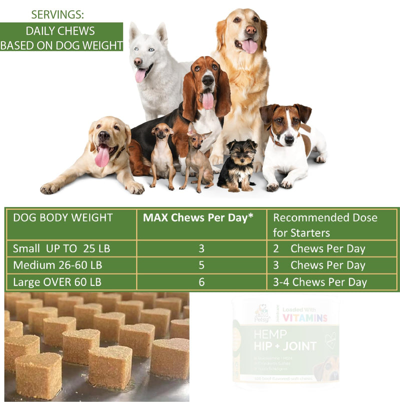 Petsy Hip and Joint Supplements for Dogs CALMING Hemp ACTIVE, Glucosamine, Chondroitin, MSM. Multivitamins |100 SOFT Chews| Daily NATURAL Aid CALMING Hemp oil suitable for All Dogs + Age Related Pain One Tub