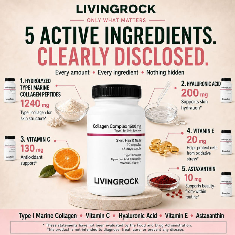 LivingRock Marine Beauty Collagen Complex for Skin, Hair & Nails with Type 1 Marine Collagen, Hyaluronic Acid, Astaxanthin, Vitamins C & E, 90 Capsules, 45-Day Supply