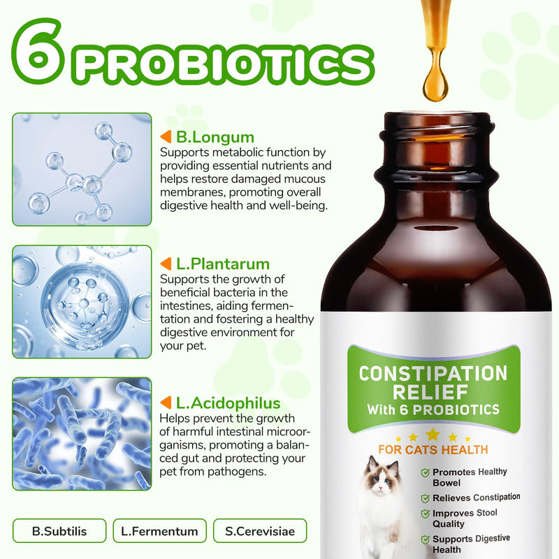 Cat Constipation Relief, Constipation Relief for Cats | with 6 Active Probiotics | Promotes Healthy Bowel Movements, Improves Stool Quality, Supports Digestive Health | 100% Natural