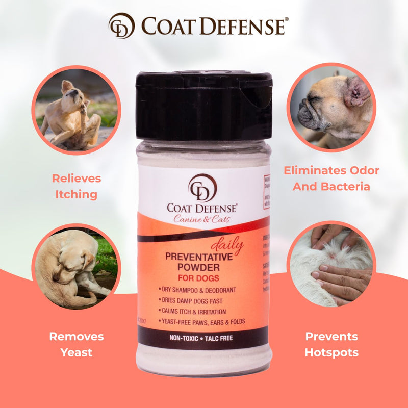 COAT DEFENSE Preventative Powder | Made in USA | 3.5oz Waterless Dog Shampoo & Pet Deodorizer for Smelly Dogs | Provides Anti Itch Relief | Dog Shampoo for Dry Itchy Skin & Dog Shampoo for Smelly Dogs - BeesActive Australia