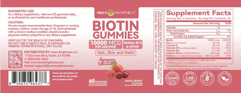 Inner Brightness Biotin 10,000mcg Gummies for Women - Hair Skin Nails | Hair, Skin & Nails Support with Vit C, D3, B12 & Folate - Sugar Free Mixed Berry Flavor, 120 Count (2 Pack Value) 60 Count (Pack of 2)