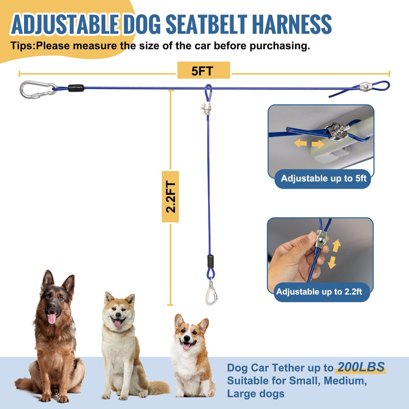 Adjustable Dog Seat Belt Harness for Car,Chew Proof Dog Car Leash Up to 200Lbs,Vehicle Dog Tether Car Restraint,Dog Truck Barrier Tie Down Out,Dog Safety Harness for Car Travel(5FT,for 1 Dog) 5FT Blue,For 1 Dog - BeesActive Australia