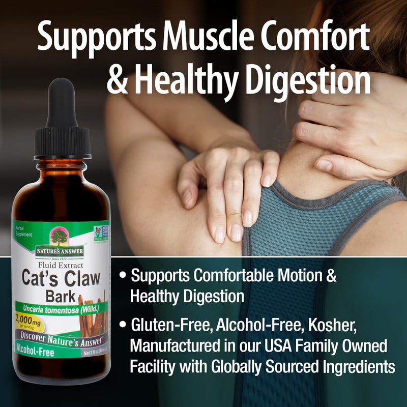 Nature's Answer Cat's Claw Bark Liquid Extract Supplement 2 Ounce - Alcohol Free Cats Claw Tincture & Capsules Alternative for Joint & Muscle Support, Vegan, Non-GMO, Gluten Free, Kosher 2 Fl Oz (Pack of 1) - BeesActive Australia