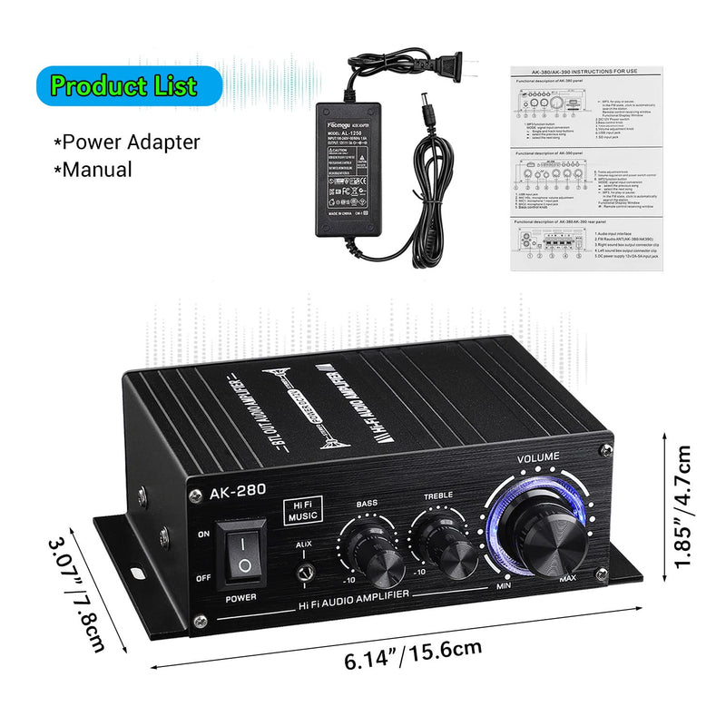 Facmogu AK280 200W Mini 2.0 CH Audio Power Amplifier, Speaker Amp Receiver
