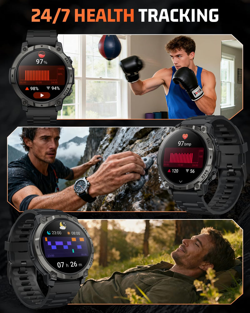 Smart Watch for Men Fitness Tracker: Military Make Answer Call LED Digital Mens Watches Waterproof Smartwatch Android Phone iPhone Samsung Compatible Sleep SpO2 Heart Rate Monitor Step Pedometer 1.39 Classic Black - BeesActive Australia