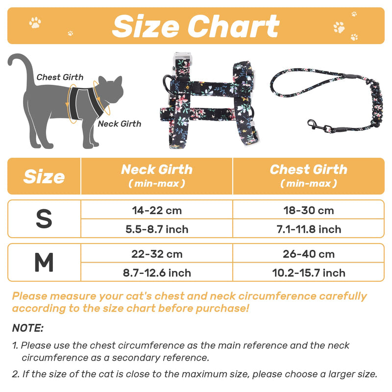 PETTOM floral pattern cat harness with leash cat leash with harness for cats with round lanyard escape-proof adjustable chest strap suitable for small and medium cats M black - BeesActive Australia