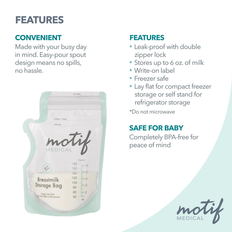 Motif Medical, Milk Storage Bags, 6 oz Milk Freezer Bag with Easy Pour Spout, BPA Free, Write-On Label - 100 Count 6 Ounce (Pack of 100) - BeesActive Australia