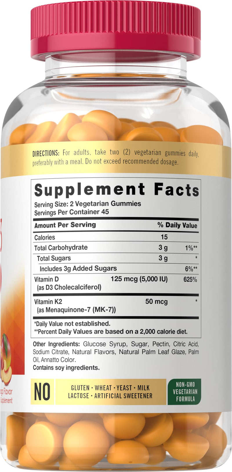 Carlyle Vitamin D3 K2 Gummies | 90 Count | 5,000 IU of D3 + 50 mcg MK7 | Peach Mango Flavor | Vegetarian, Non-GMO, and Gluten Free Supplement 90 Count (Pack of 1)