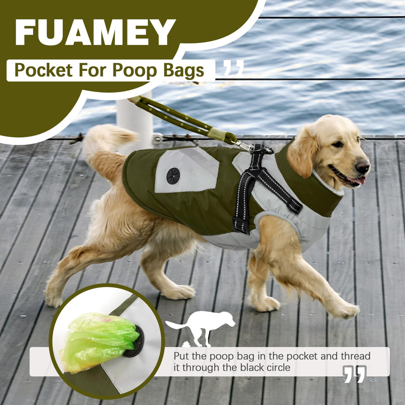 FUAMEY Dog Jackets-Dog Coat with Harness Built in-Waterproof Dog Jacket-Dog Winter Coat with Zipper On Back-Snowsuit Pet Clothes Poop Bag Pockets-Reflective Dog Vest for Extra Small Dogs Green XS X-Small(chest:14in) - BeesActive Australia