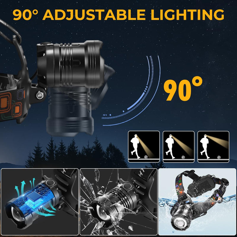 Headlamp Rechargeable 2Pack, Super Bright Head Lamp, Adjustable Focus LED Headlamp, 90°Angle Head Lights for Forehead, 4Mode Headlight, Headlamps for Adults Hard Hat Camping Essentials Gear - BeesActive Australia