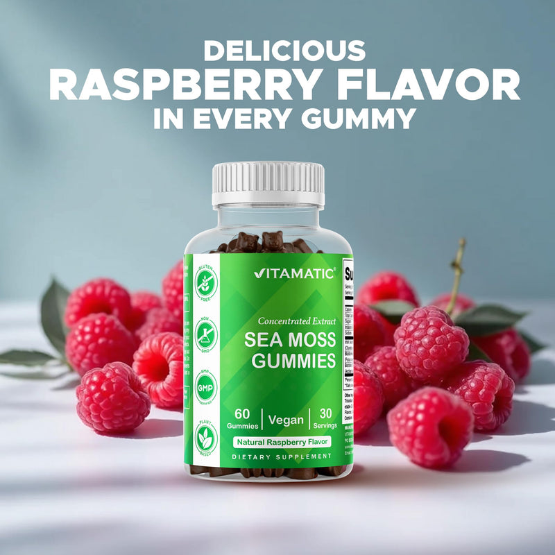 Vitamatic Sea Moss Gummies with Bladderwrack & Burdock, 60 Gummies - 2 Pack | Premium Botanical Blend for Immune Support*, Natural Raspberry Flavor, Vegan, Non-GMO, Gluten Free.