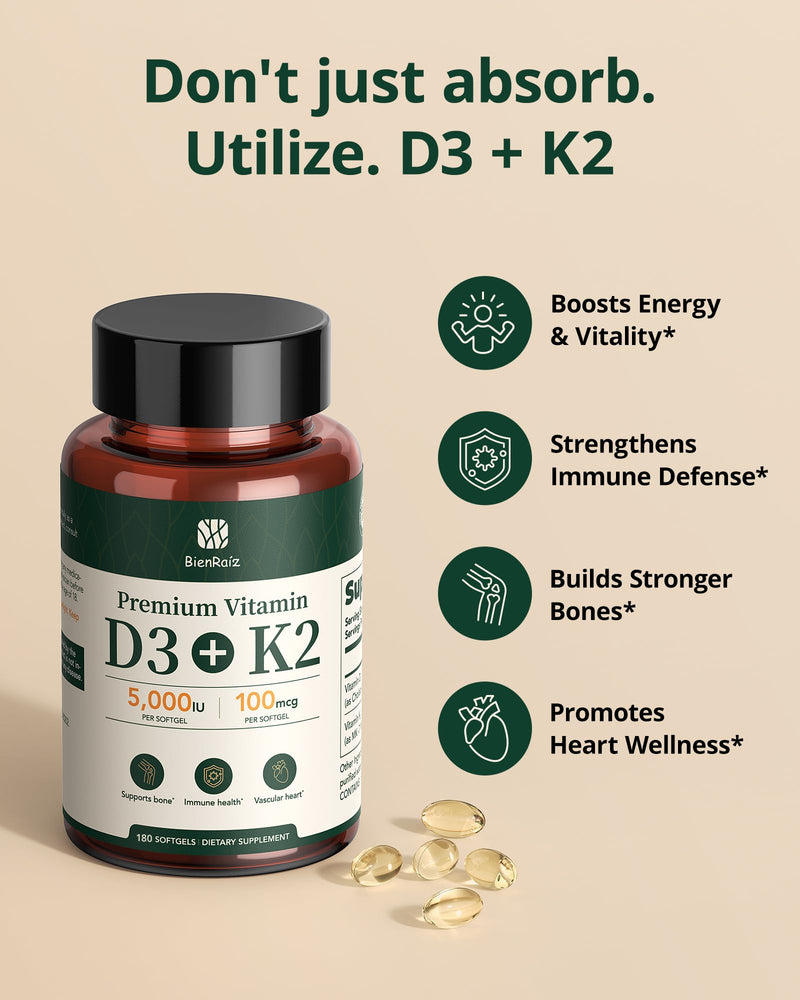 Vitamin D3 K2 5000IU, All-Trans MK-7 100mcg, 180 Softgels | Sunflower Seed Oil, GMP-Certified, Gluten Free, Bone & Heart Health, Immune Support, 3rd-Party Tested 180 Count (Pack of 1)