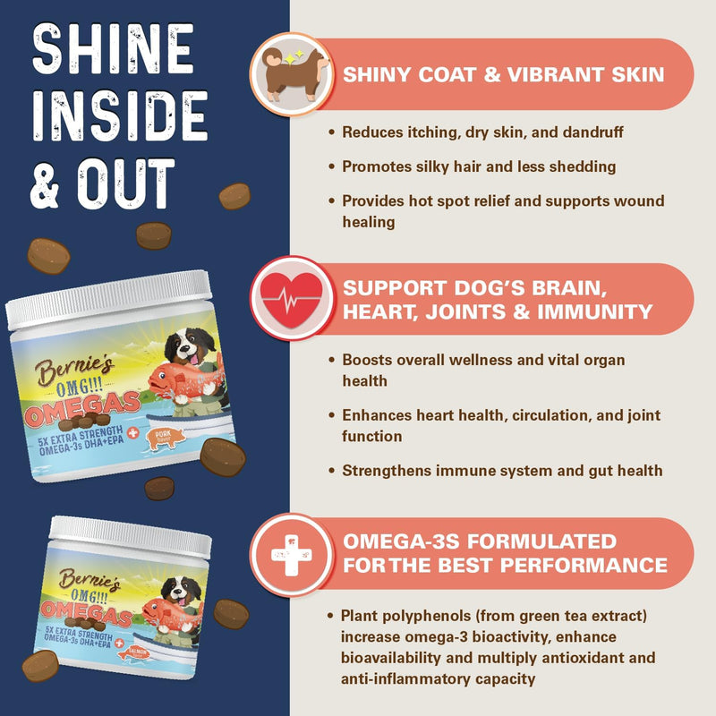 Bernie’s OMG!!! Omegas 5X Extra Strength Omega-3s DHA+EPA, Chews with Fish Oil for Dogs, Ultimate Skin & Coat, Works as Dog Allergy Chews, Dog Calming Chews, Joint Supplement. (Salmon) Salmon - BeesActive Australia