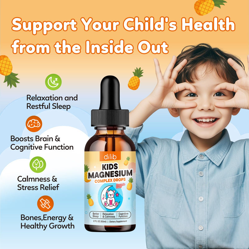 Kids Magnesium Liquid Drops - Liquid Magnesium Glycinate for Kids, Citrate Supplement with L-theanine, Omega-3, Vitamin B12, D3 for Sleep, Calm, Relaxation, Brain, Bones, Pineapple 2 Fl Oz 2 Fl Oz (Pack of 1)