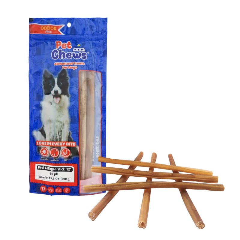 12" Beef Collagen Sticks 10pk - Odor-Free Long Lasting Dog Chews - 100% Natural Rawhide-Free & Dye-Free - No Stain Carpets - Joint Support for Medium & Large Dogs - Healthy Treats.