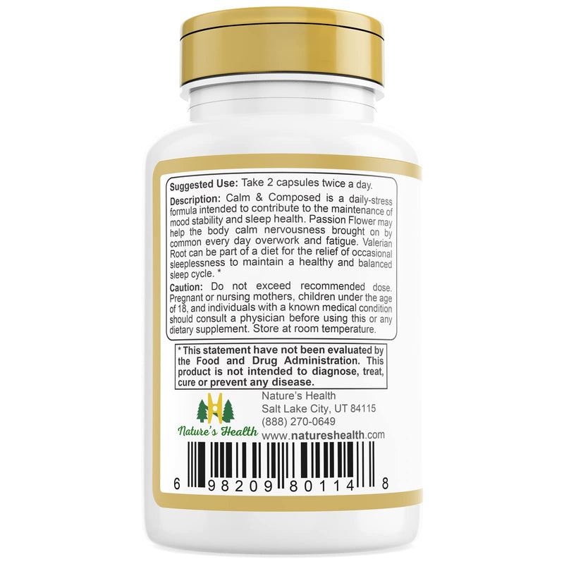 Nature's Health Calm and Composed – Valerian Root and Passion Flower Formula – Daily Stress Relief – Relaxation Supplement – 1000 mg per Serving – 60 Vegetarian Capsules - BeesActive Australia