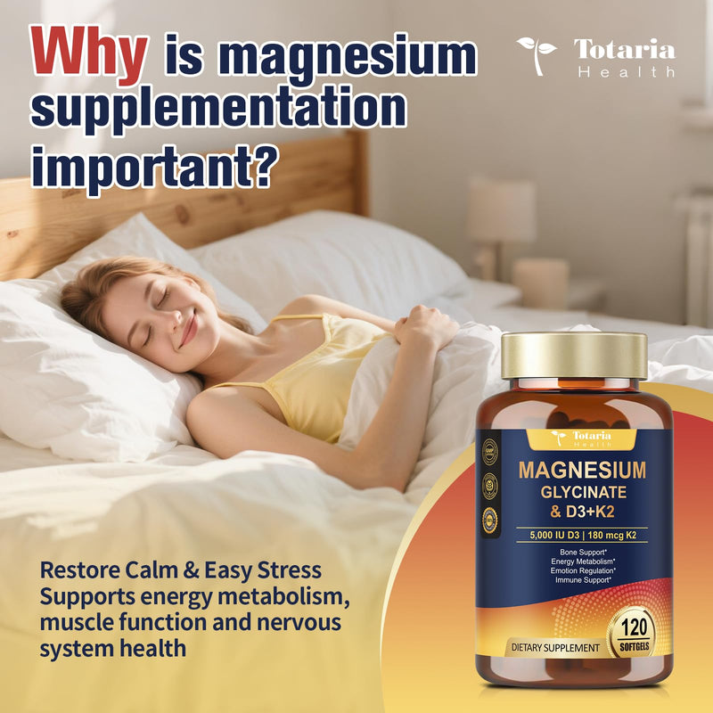 9-in-1 Magnesium Glycinate 500mg + Vitamin D3 5000 IU & K2 Complex - High Absorption - Healthy Stress, Sleep, Muscle Function, Bone Health & Energy Supports | Non-GMO, Gluten-Free 120 Softgels 120 Count (Pack of 1)