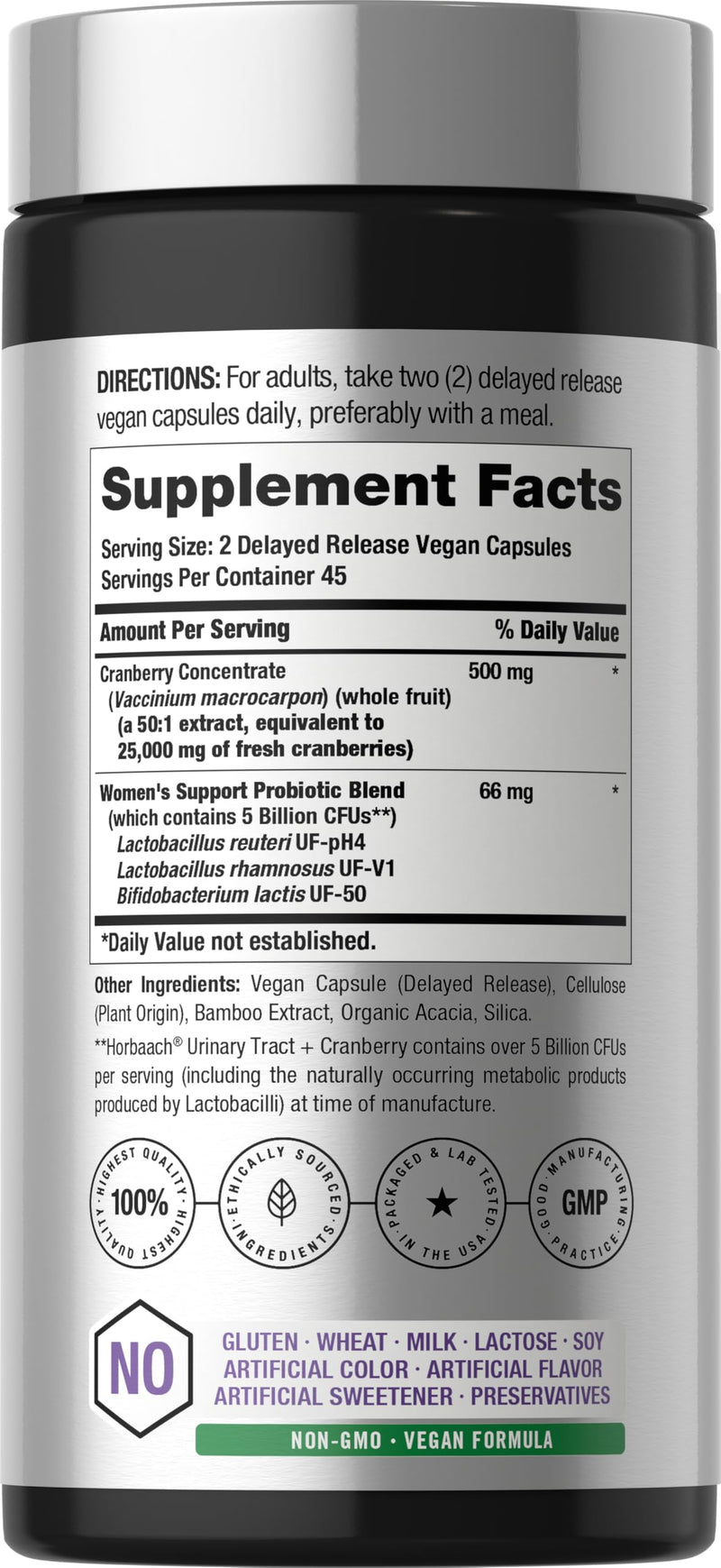 Horbaach Urinary Tract Health for Women | 90 Vegan Capsules | Probiotics and Cranberry for Vaginal Health | Vegan, Non-GMO, Gluten Free Supplement