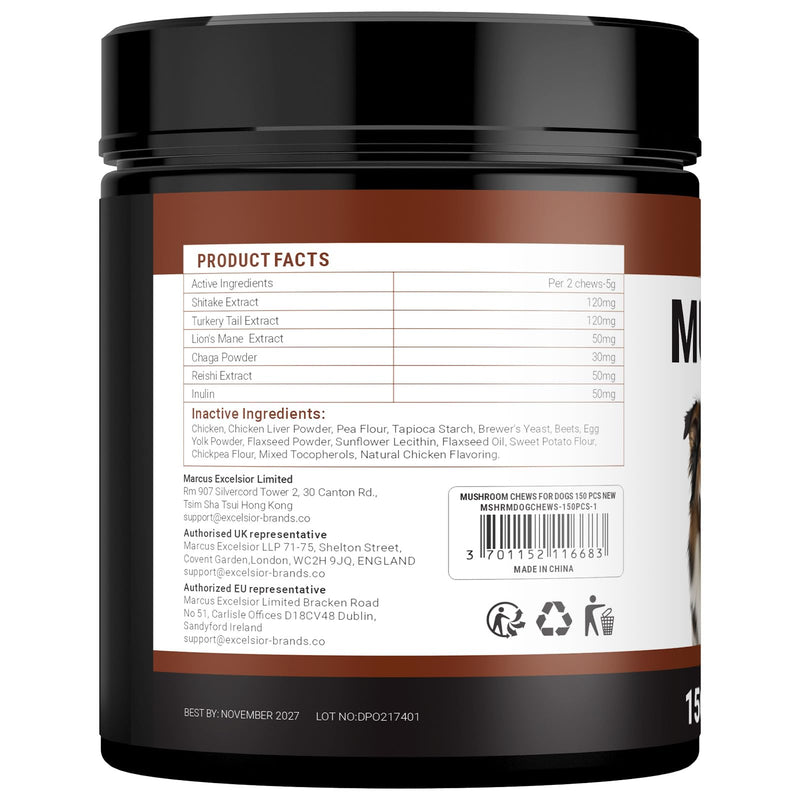 Turkey Tail Mushroom for Dogs - 150 Soft Chews - with Turkey Tail, Lion’s Mane, Chaga, Reishi & Shiitake - Immune Support & Cognitive Health Mushroom Supplement for Dogs