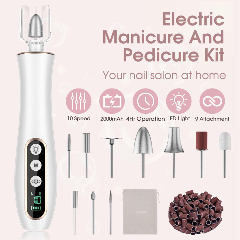 Professional Manicure Pedicure Kit, Cordless Electric Nail Drill with 360° LED light&10 Speeds, Rechargeable Pedicure Tools for feet, Hand Foot Care Nail Drill for Thick Nail Toenail Cuticle Women Men White - BeesActive Australia