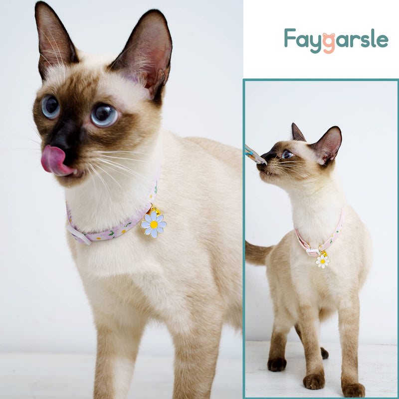 2 Pack Cotton Breakaway Cat Collars with Bell Flower Pendant Kitty Kitten Collars Pink Purple Collar for Female Girl Cats Male Boy Cats Pink&Purple - BeesActive Australia
