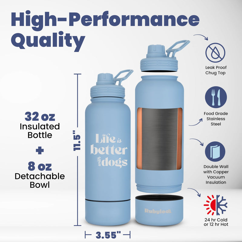 Dog Water Bottle for Dog Lovers - 32 oz Stainless Steel Double Wall Insulated Water Bottle with 8 oz Attached Dog Bowl - Best Dog Mom Gifts for Women - “Life is Better with Dogs” - Dusty Blue Life is Better: Dusty Blue - BeesActive Australia