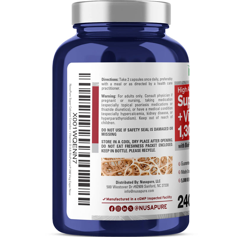 Super Calcium with Vitamin D3 Non GMO 1300 mg 240 Veg Capsules -120 Serves | Calcium Citrate Complex, Supports Nutritional Supplementation,Vegan, Manufactured in USA cGMP registered facility