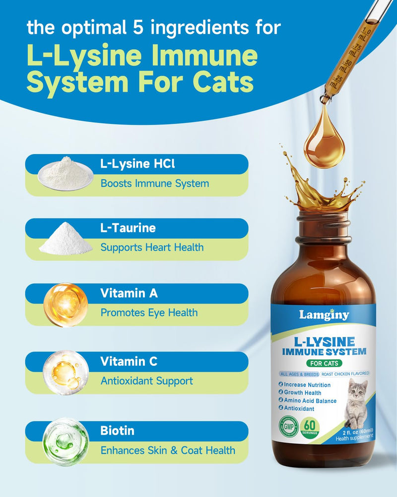 Lysine Supplement for Cat & Lysine Drops for Cats - Immune Support Supplement with L-Taurine, Vitamins