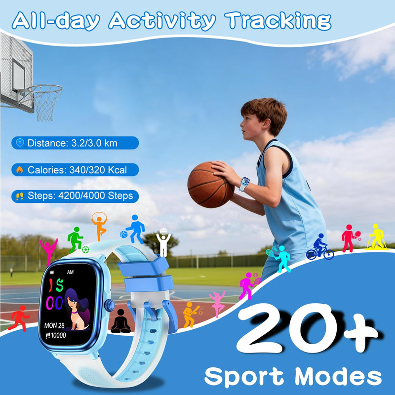 MINIBEAR Smart Watch for Kids, 1.83" Fitness Tracker for Boys Girls Teens No Phone Needed, Pedometer, Heart Rate, Sleep Tracker with White Noise, IP68 Waterproof 21 Sport Modes (Blue) Blue