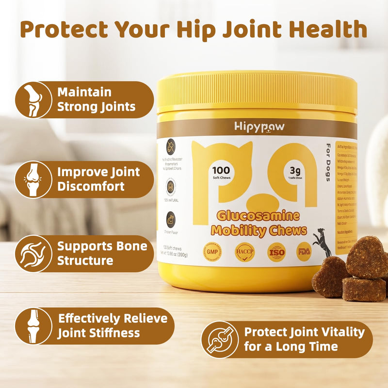 Glucosamine for Dogs, Hip & Joint Support Soft Chews with Chondroitin MSM, Green Lipped Mussel, Omega-3 & Turmeric, Joint Pain Relief,Mobility Support - Senior & Active Dogs, Chicken Flavor,100 Count Yellow