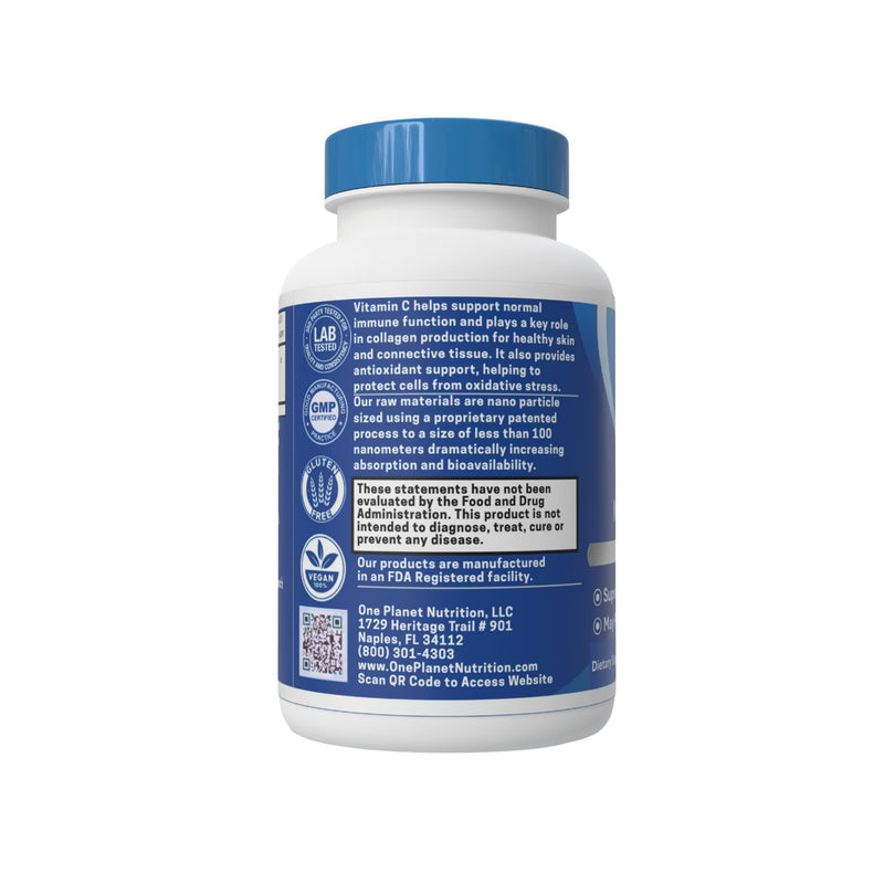 One Planet Nutrition Nano Vitamin C 250 mg Capsules (120 Count) - Nano Particle Size Ascorbic Acid from Lime Extract for Max Absorption - Supports Immune Health & Collagen Production - Non GMO, Vegan