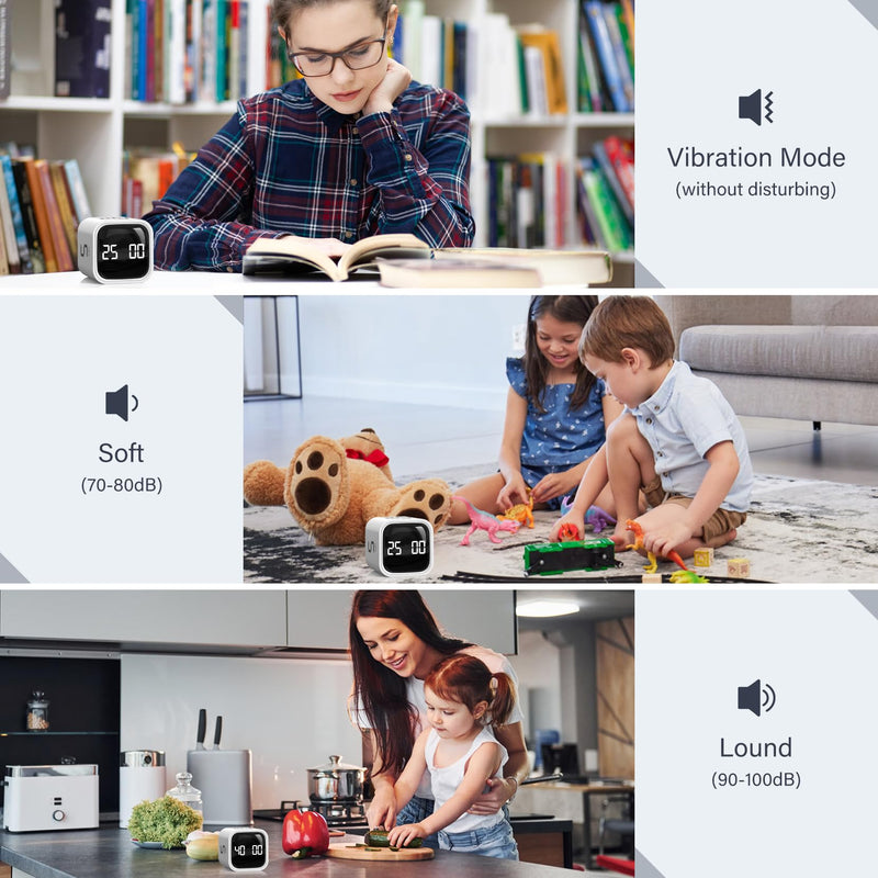 Rotating Pomodoro Timer 5, 25, 10 50 Minutes Preset, Desk Productivity Flip Timer, Cube Countdown Stopwatch for ADHD, Vibration/High/Low Volume, for Work, Study, Back to School, Kitchen, 2 White 2 Pack White
