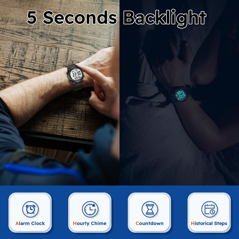 Men's Pedometer Watch with Stainless Steel Bracelet,Step Counter Watch No App, No Charging Needed for Ourdoor Walking, Calorie, Distance, Alarm, Countdown Timer Watch TU-2306B TIMEURE BLACK - BeesActive Australia
