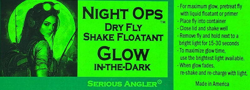 Glow-in-The-Dark Dry Fly Shake Floatant. Adds a Hydrophobic Luminescent Coating to Your Fly, so You can See it When Fishing in The Dark.