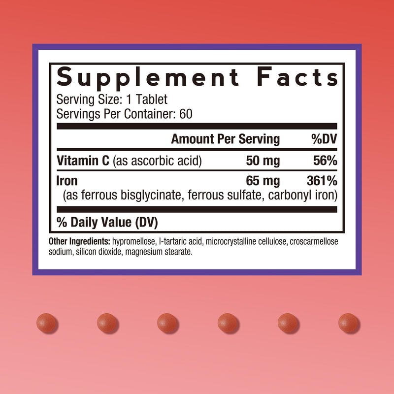 Doctor's Recipes Iron Supplement for Women & Men, 65mg from Ferrous Bisglycinate Sulfate Carbonyl Iron, Non-Constipating, Vitamin C for Optimal Absorption, Energy, Blood Support, 60 Tabs