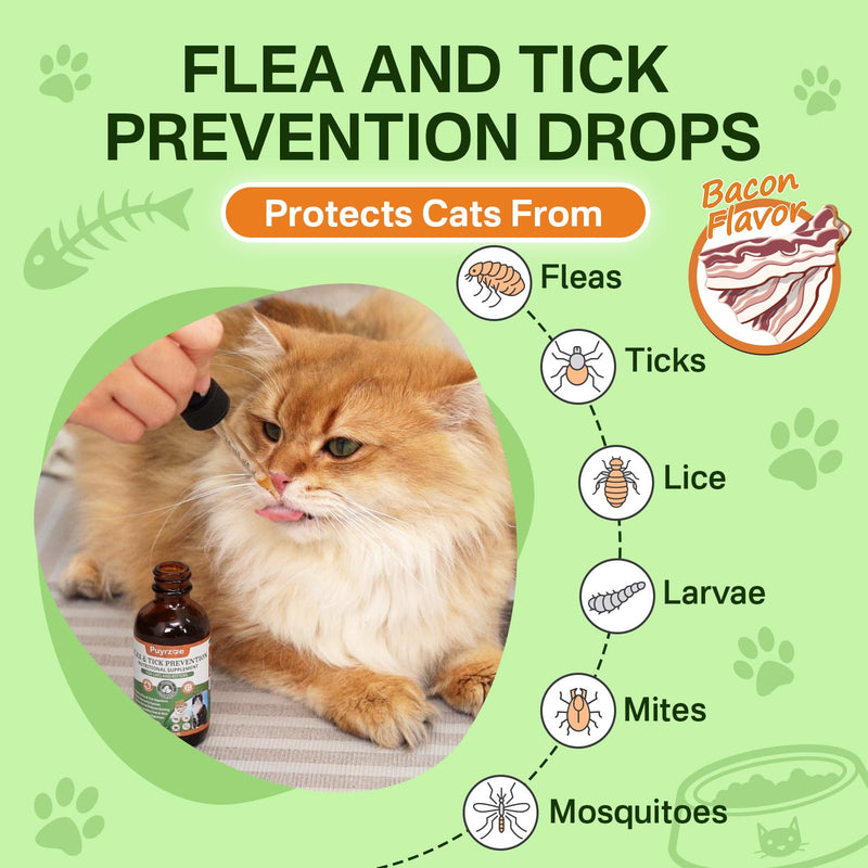 Puyrzoe Cat Flea Treatment, Natural Oral Flea and Tick Prevention for Cats Drops with Pumpkin Seed, Echinacea & Omega-3/6/9- Support Immunity, Healthy Skin & Coat, Digestion & Overall Wellness, 60 ML
