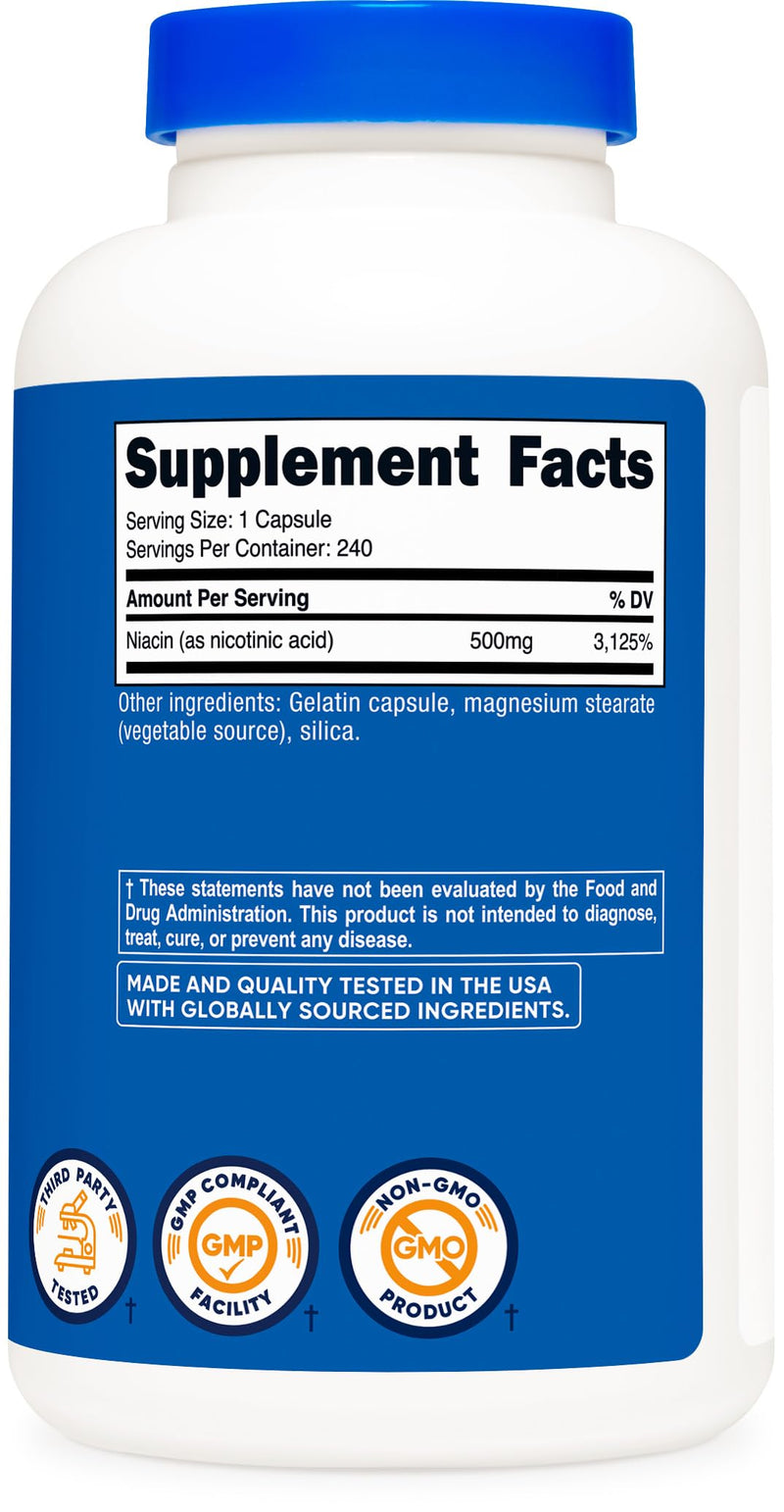 Nutricost Niacin (Vitamin B3) 500mg, 240 Capsules - with Flushing, Non-GMO, Gluten Free (Pack of 2) 240 Count (Pack of 2)
