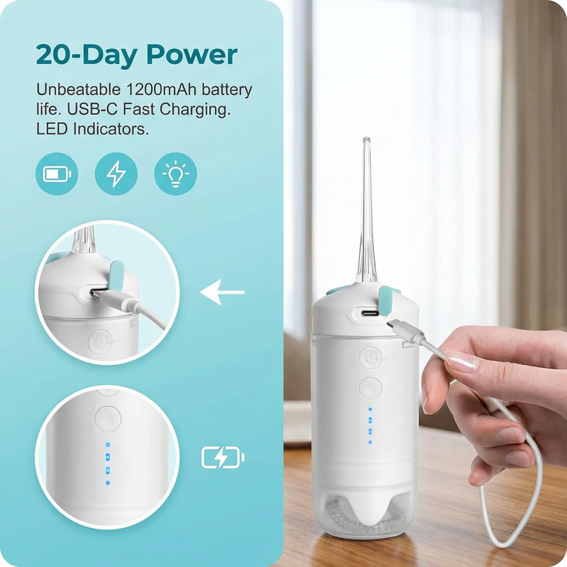 Cordless Water Flosser for Teeth, Portable Oral Irrigator with 20-Day Use, 4 Nozzles & Telescopic Tank, 3 Modes IPX7 Waterproof, Mini Travel Dental Flosser for Braces, Sensitive Gums and Home Use