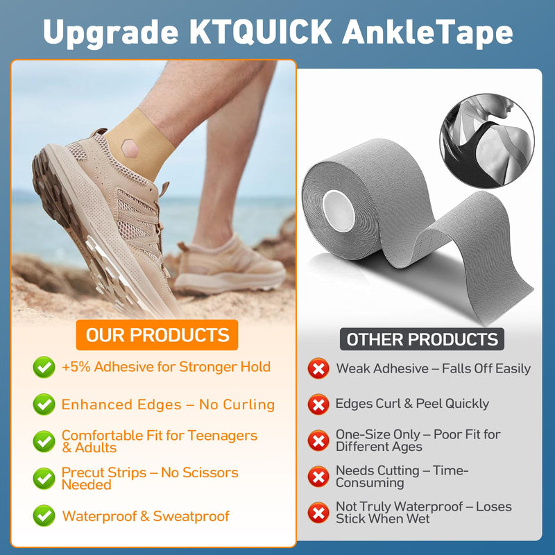 Precut Kinesiology Tape for Ankle, Upgraded Ankle Tape Athletic 12PCS, KTQUICK Tape for Ankle Support & Pain Relief, 5% Stronger Adhesive, Waterproof & Breathable Cotton Kinesiology Tape Ankle(Beige) Beige