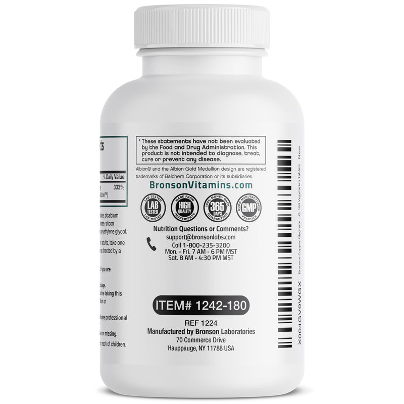 Bronson Copper Glycinate 3mg Chelated Superior Absorption Non-GMO, 180 Vegetarian Tablets