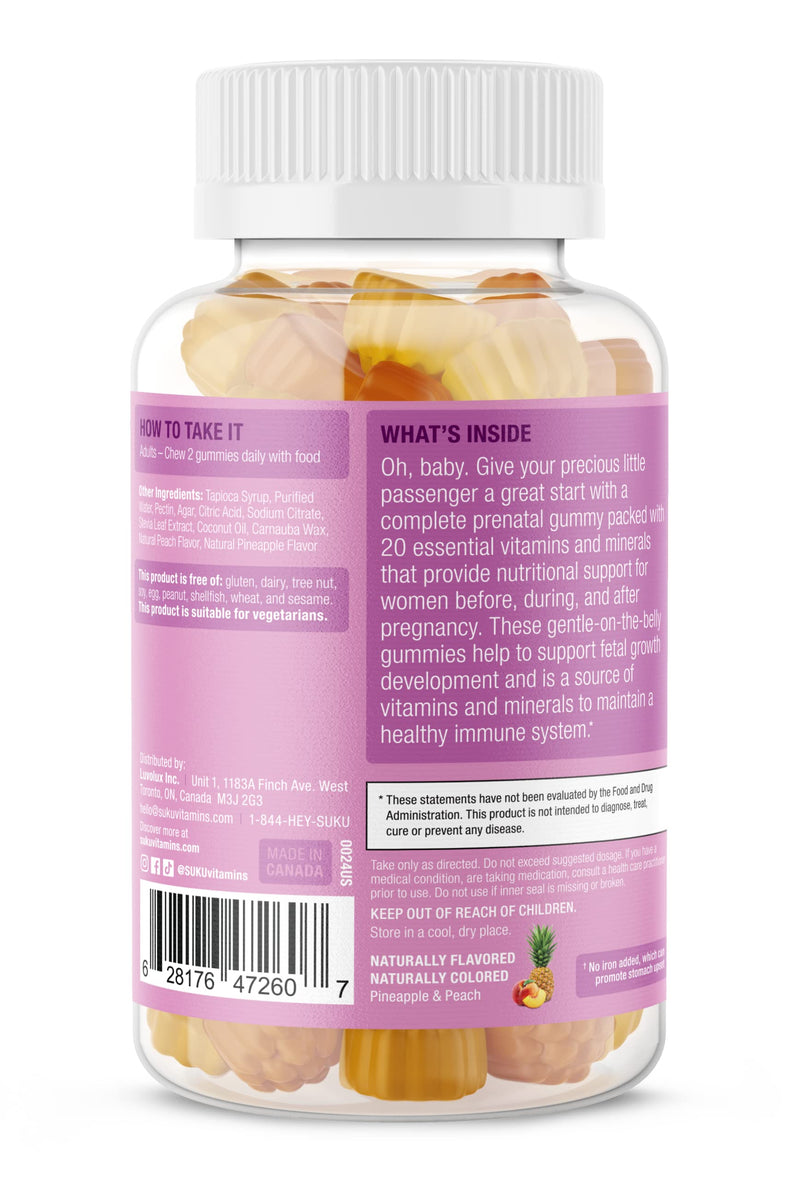 SUKU Prenatal Multivitamin Gummies – Folate, Calcium, Vitamin D3, B12, K2 – Sugar-Free, Vegetarian, Gluten-Free Pregnancy Support – Pineapple Peach Flavor – 60 Count