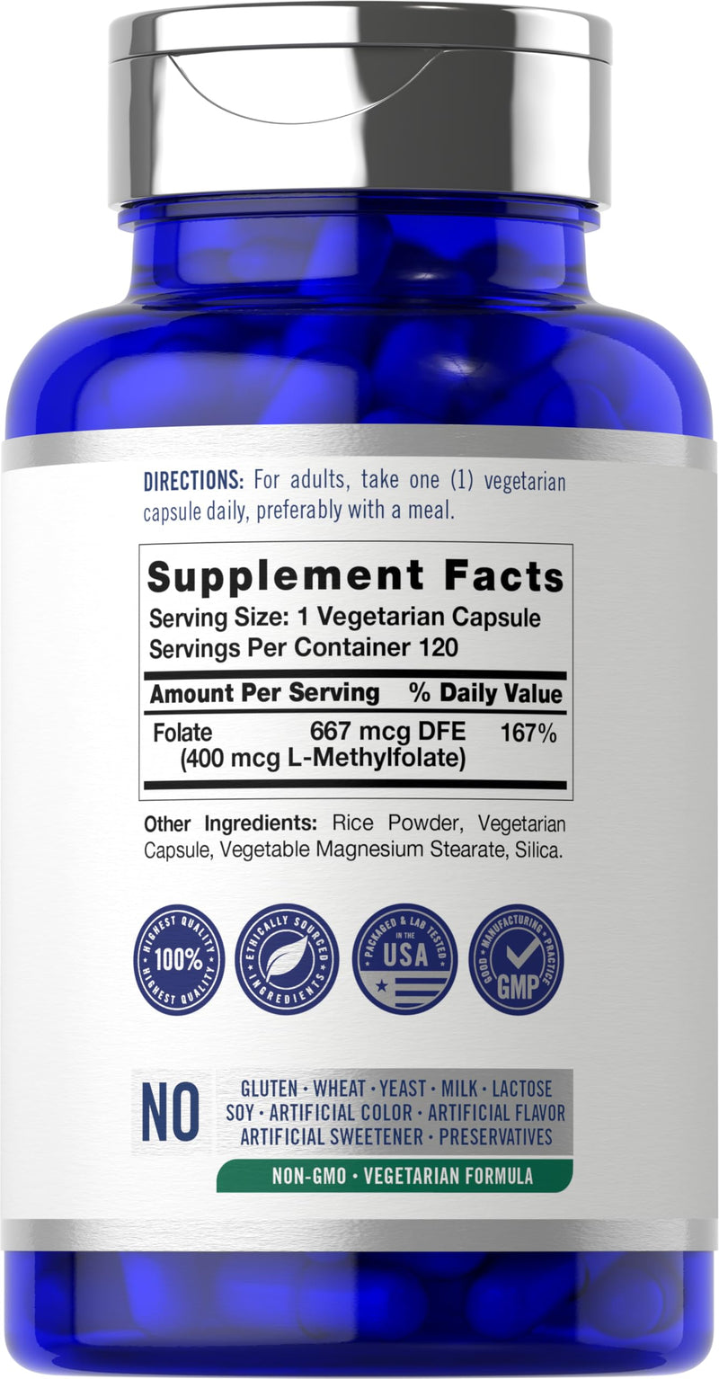 Carlyle L Methylfolate 400 mcg | 120 Vegetarian Capsules | Optimized and Activated Methyl Folate | Non-GMO & Gluten Free Supplement | by Opti-Folate