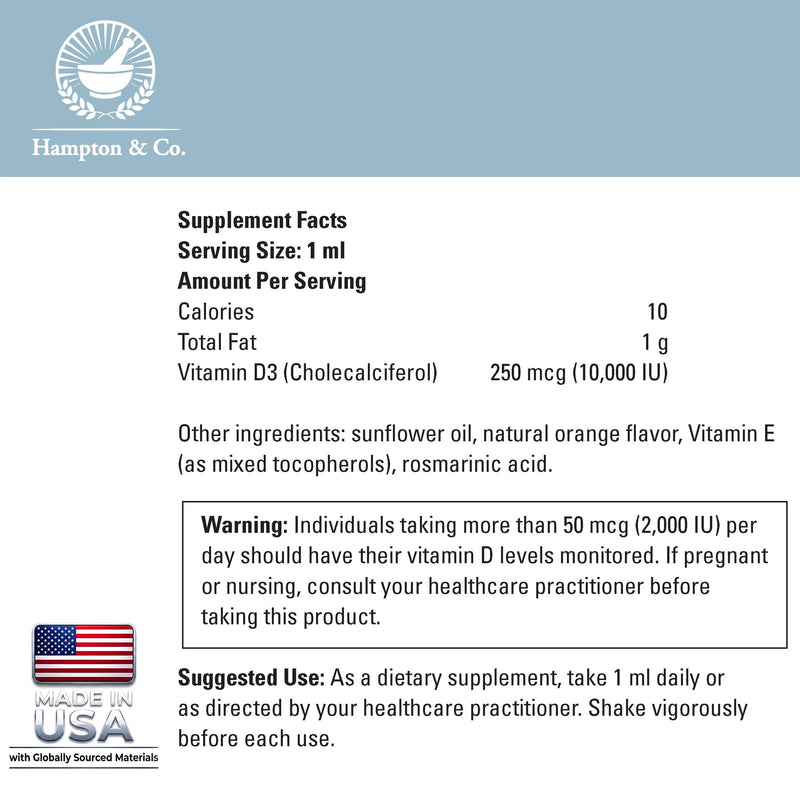 Hampton Distribution Premium D3 10,000 IU Liquid Drops: Optimized Bioavailability for Structural Bone Support and Heart Health. A Vegetarian-Friendly Formula for Targeted Immune Defense – 1 Fl Oz 1 Fl Oz (Pack of 1)