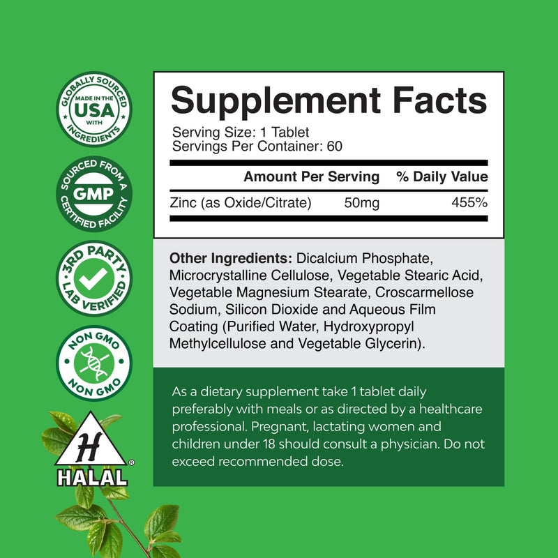 Zinc 50mg Immune Support Supplement - Zinc Complex Supplement for Immune System and to Enhance Hair Skin and Nails Vitamins - Easy to Swallow Potent Daily Tablets for Adults - 60 Count 60 Count (Pack of 1)