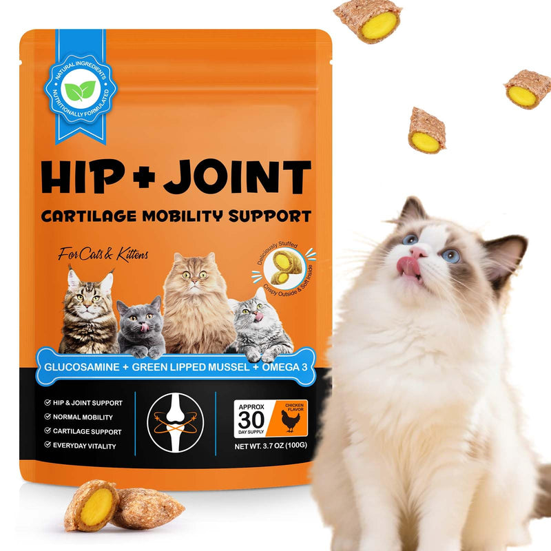 Cat Hip & Joint Health Chews – Supports Mobility & Cartilage with Glucosamine & Green Lipped Mussel,Crunchy Outside & Soft Inside Chicken Flavour, For Cats & Kittens 100g (30-Day Supply)