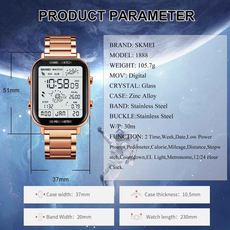SKMEI Watch for Men Square Dial 3D Pedometer Sports Digital Watch with 50M Waterproof Luminous Countdown Stopwatch Dual Time Display Alarm 1888-Rose Gold - BeesActive Australia