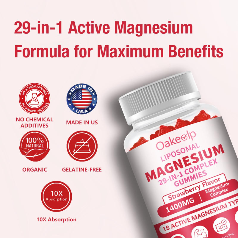 29-in-1 Liposomal 18 Active Types Magnesium Complex 1400MG Gummies,Citrate Glycinate Malate etc,Mild & Efficient,Extra Vitamin B6 B12 D3K2 & CoQ10, Relaxation Nerve* & Hert* Support 60 Count (Pack of 1)